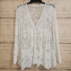 Umgee Size S Boho Lace Embroidered Ivory Long Sleeve Sheer V Neck Top